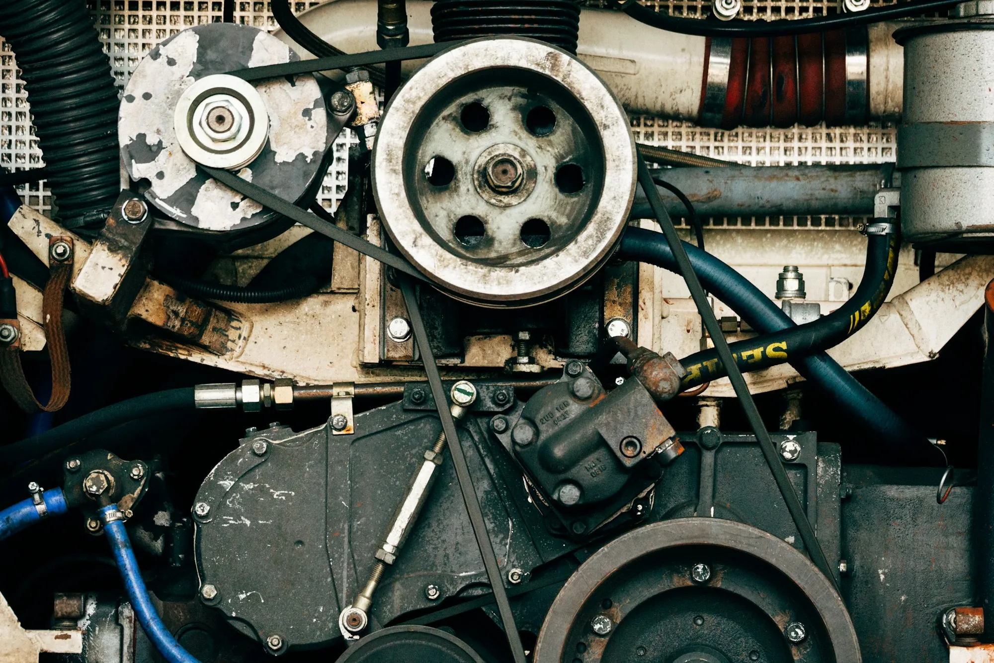 Detailed view of an engine's front cover and timing drive